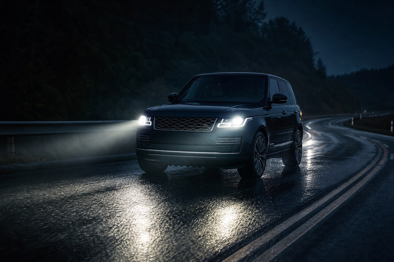 Range Rover sa upaljenim farovima
